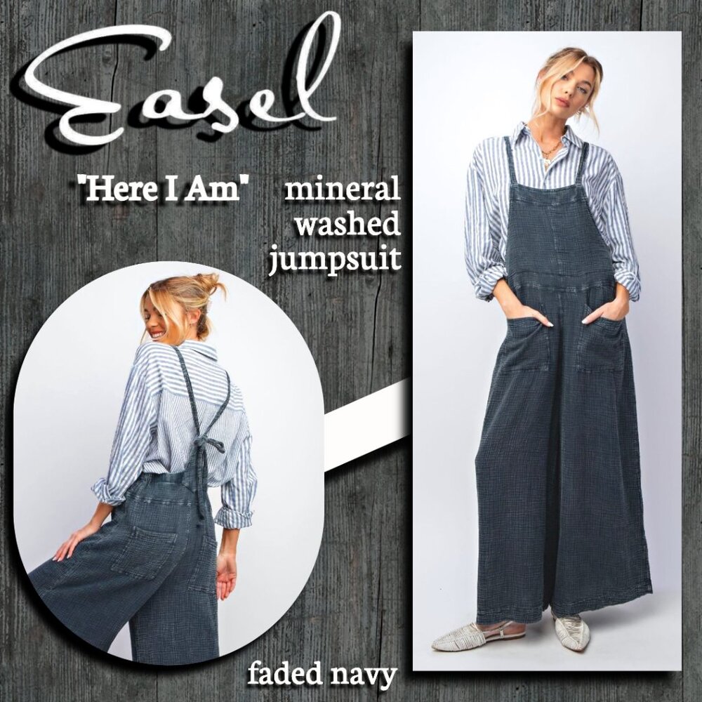 EASEL "Here I Am" Mineral Washed Wide Leg Jumpsuit Adjustable Tie Straps Pockets